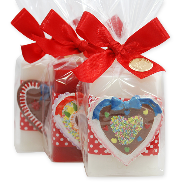 Sheep milk soap 100g, decorated with a heart in a cellophane, Classic/pomegranate 