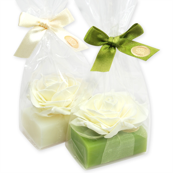 Sheep milk soap 100g, decorated with a white rose in a cellophane, Classic/pear 