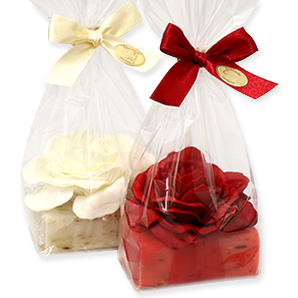 Sheep milk soap 100g, decorated with a rose in a cellophane, Rose annabelle/Rose with petals 