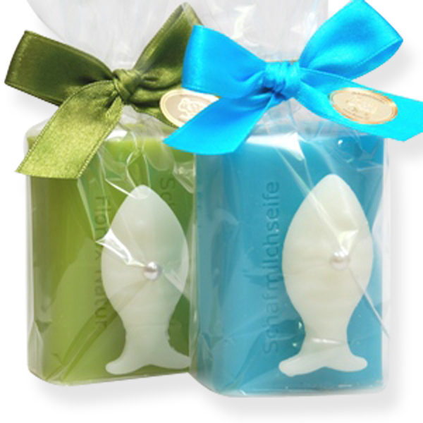 Sheep milk soap 100g, decorated with a soap fish 8g in a cellophane, Pear/cornflower 