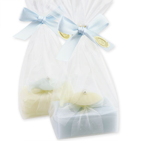 Schafmilchseife eckig 100g, dekoriert mit Seife Fisch 8g in Cello, Classic/Vergissmeinnicht 