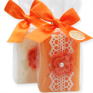 Sheep milk soap 100g, decorated with a crochet flower in a cellophane, Classic/orange 