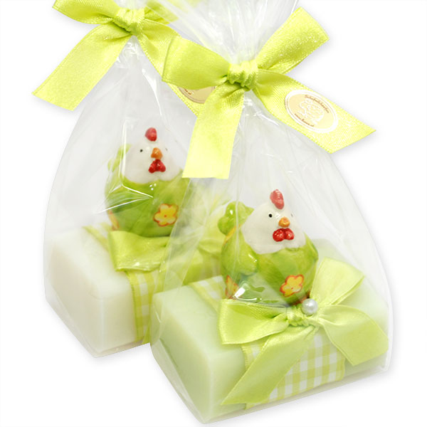 Schafmilchseife eckig 100g dekoriert mit Huhn in Cello, Classic/Wiesenblume 