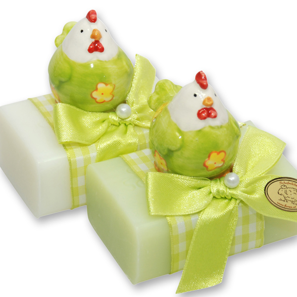 Schafmilchseife eckig 100g dekoriert mit Huhn, Classic/Wiesenblume 