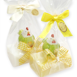 Sheep milk soap 100g, decorated with a ceramic hen in a cellophane, Classic/chamomile 