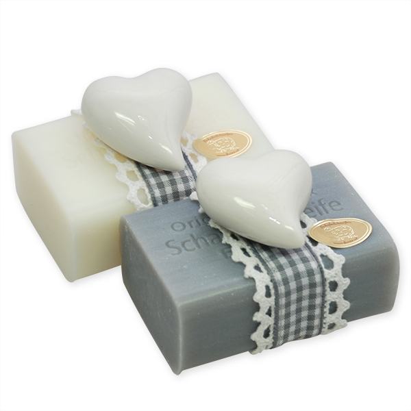 Sheep milk soap 100g, decorated with a heart, Classic/edelweiss silver 