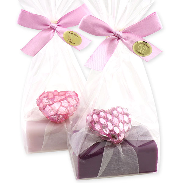 Sheep milk soap 100g, decorated with a glitter heart in a cellophane, Elderberry/lilac 