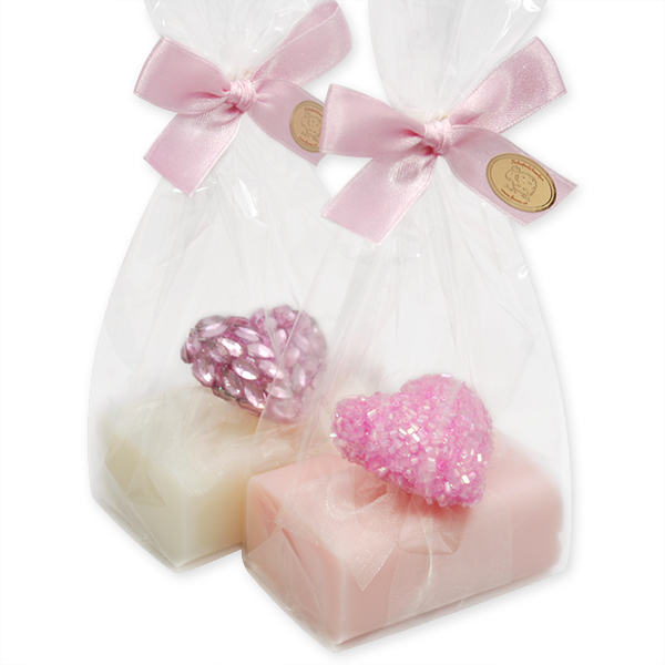 Sheep milk soap 100g decorated with a glitter heart in a cellophane, Classic/peony 