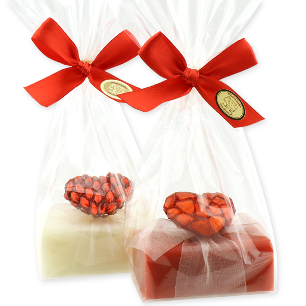 Sheep milk soap 100g, decorated with red glitter heart in a cellophane, Classic/rose 