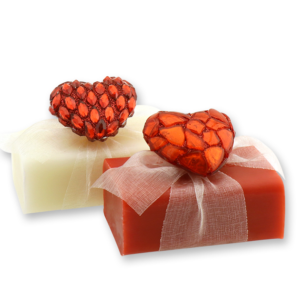 Sheep milk soap 100g, decorated with red glitter heart, Classic/rose 