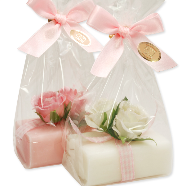 Sheep milk soap 100g, decorated with white/pink roses in a cellophane, Classic/peony 