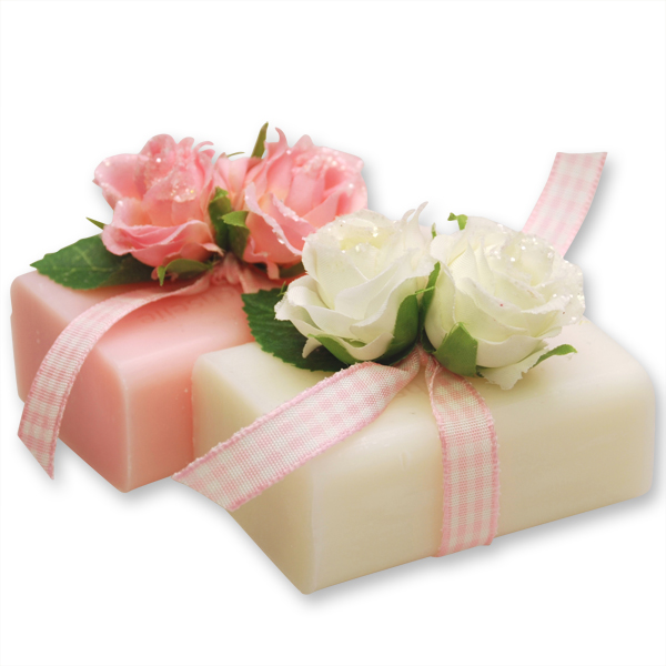 Sheep milk soap 100g, decorated with white/pink roses, Classic/peony 