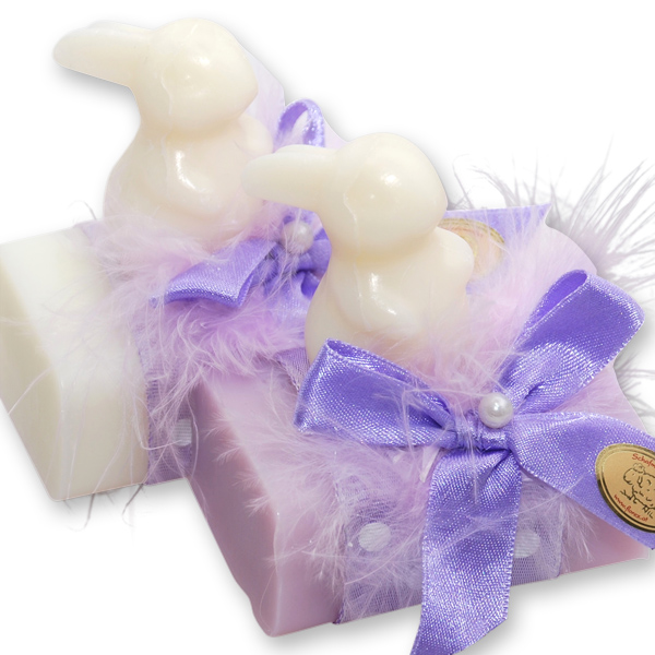 Sheep milk soap 100g, decorated with a soap rabbit 23g, Classic/lilac 