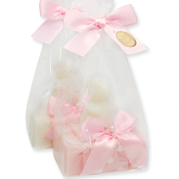 Schafmlichseife eckig 100g dekoriert mit Seife Hase Langohr 23g in Cello, Classic/Pfingstrose 