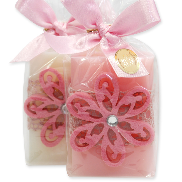 Sheep milk soap 100g, decorated with a felt flower in a cellophane, Classic/peony 