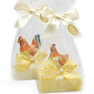 Sheep milk soap 100g decorated with a ceramic hen in a cellophane, Classic/chamomile 