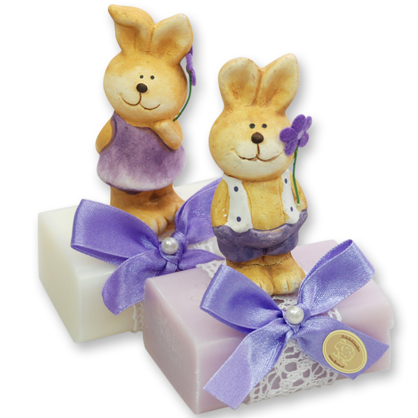 Sheep milk soap 100g, decorated with a ceramic rabbit, Classic/lilac 