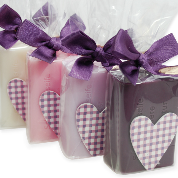 Sheep milk soap 100g, decorated with a checkered heart in a cellophane, sorted 