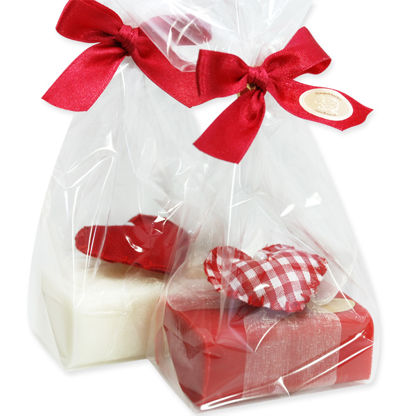 Sheep milk soap 100g, decorated with red/squared fabric heart in a cellophane, Classic/pomegranate 