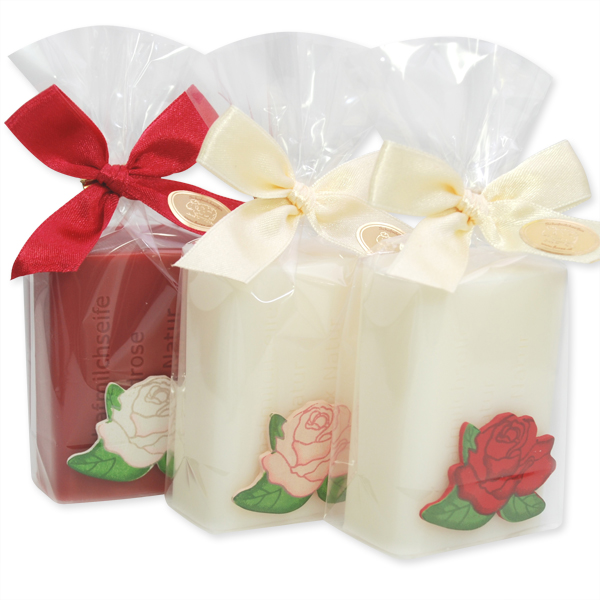 Sheep milk soap 100g, decorated with a wooden rose in a cellophane, Classic/wild rose 