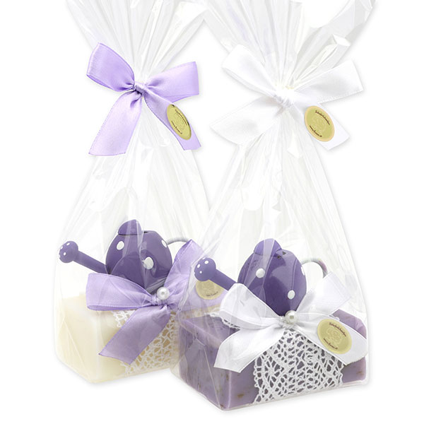 Sheep milk soap 100g decorated with an watering can in a cellophane, Classic/Lavender 