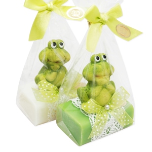 Schafmilchseife eckig 100g, dekoriert mit Frosch in Cello, Classic/Apfel 