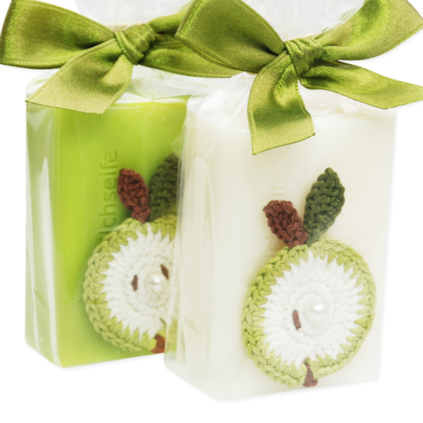 Sheep milk soap 100g, decorated with a crochet apple in a cellophane, Classic/apple 