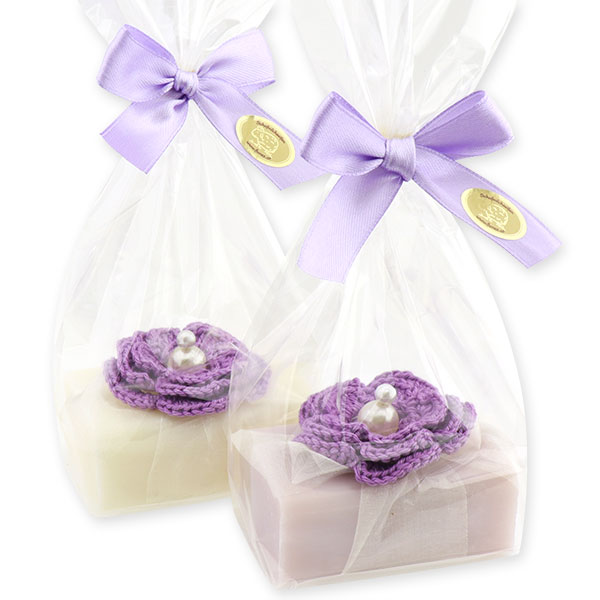 Sheep milk soap 100g, decorated with a crochet flower in a cellophane, Classic/lilac 