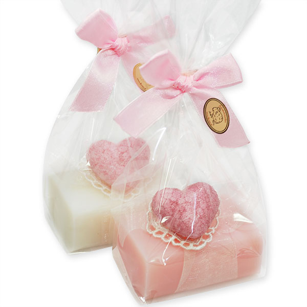 Sheep milk soap 100g, decorated with a heart in a cellophane, Classic/peony 