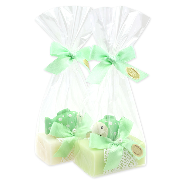 Schafmilchseife eckig 100g dekoriert mit Fisch in Cello, Classic/Wiesenblume 