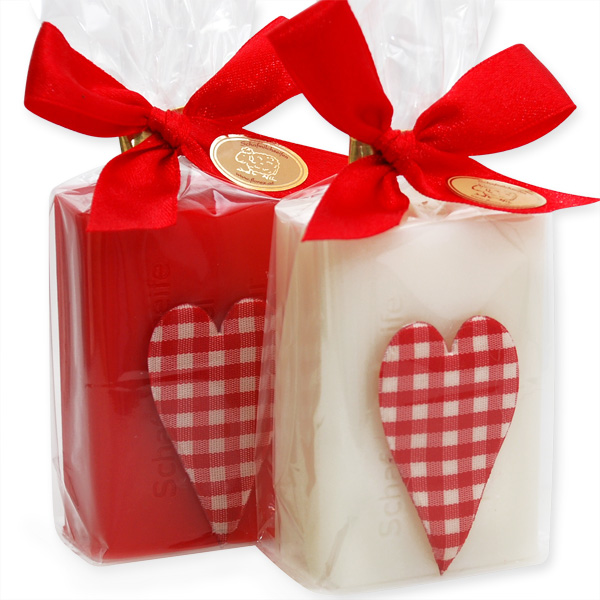 Sheep milk soap 100g, decorated with a red checkered heart in a cellophane, Classic/pomegranate 