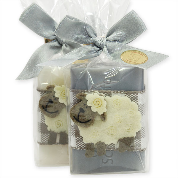 Schafmilchseife eckig 100g, dekoriert mit Schaf in Cello, Classic/Edelweiß 