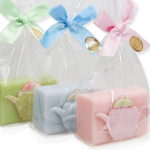 Sheep milk soap 100g, decorated with a fabric teapot in a cellophane, sorted 