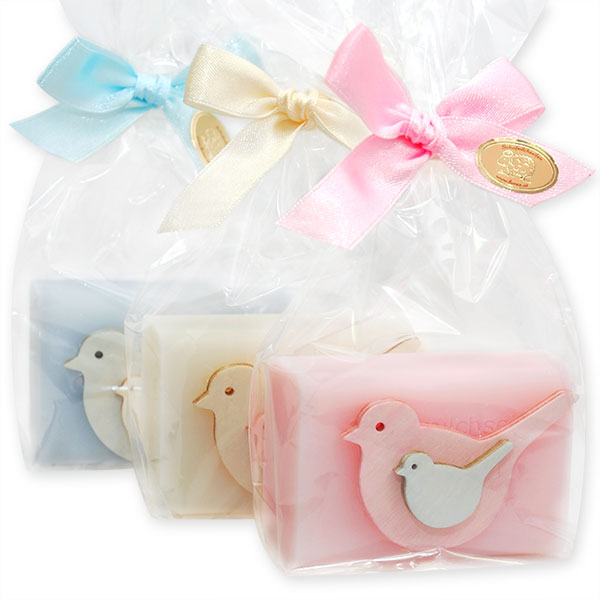 Sheep milk soap 100g, decorated with a bird in a cellophane, sorted 
