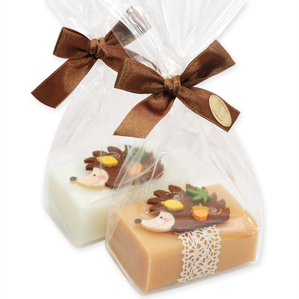 Schafmilchseife eckig 100g, dekoriert mit Igel in Cello, Classic/Quitte 