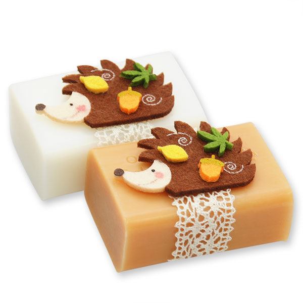 Schafmilchseife eckig 100g, dekoriert mit Igel, Classic/Quitte 