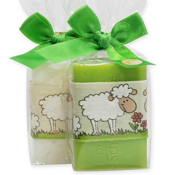 Sheep milk soap 100g, decorated with a sheep-ribbon in a cellophane, Classic/pear 