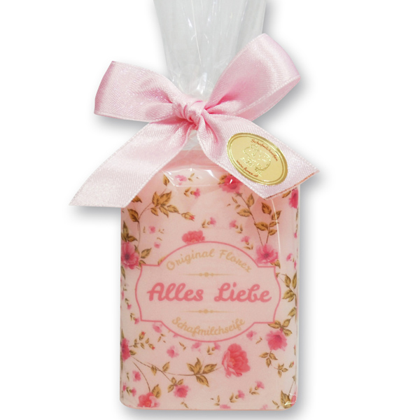 Schafmilchseife eckig 100g in Cello "Alles Liebe", Pfingstrose 