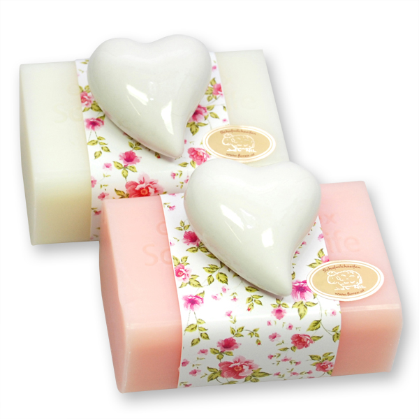 Sheep milk soap 100g, decorated with a heart, Classic/peony 