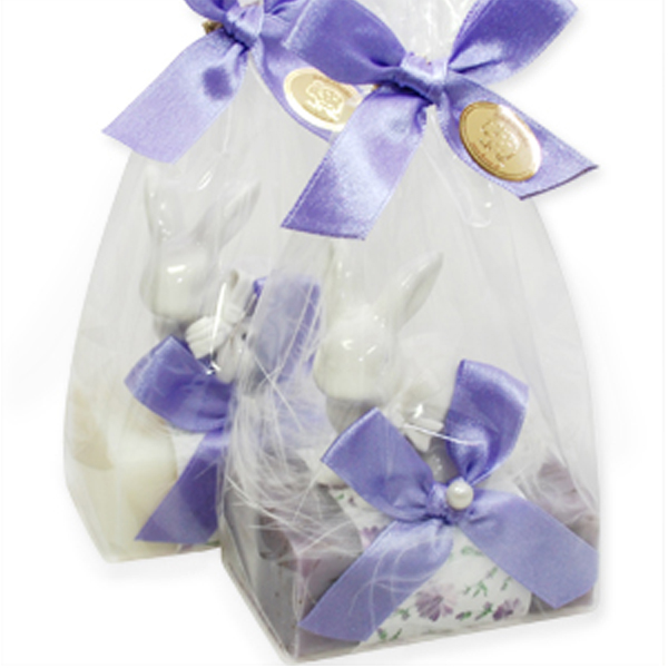 Schafmilchseife eckig 100g dekoriert mit Hase in Cello, Classic/Lavendel 