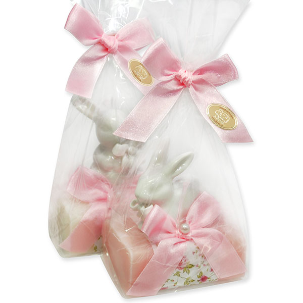 Sheep milk soap 100g, decorated a rabbit in a cellophane, Classic/peony 