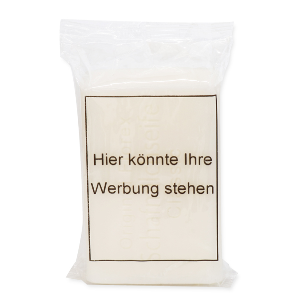 Schafmilchseife eckig 100g in einer Flowpack Verpackung im transparenten Kunststoff, Individuelles Logo 