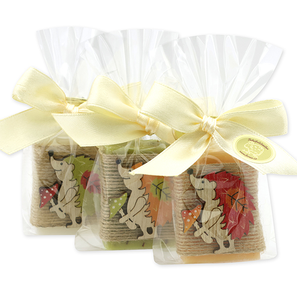 Schafmilchseife Gästeseife 25g dekoriert mit Igel in Cello, sortiert 