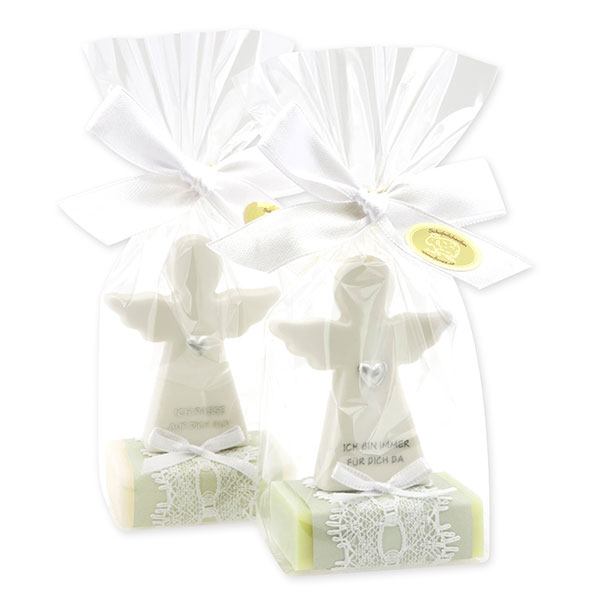 Sheep milk soap square 25g decorated with guardian angel with heart in a cellophane bag, Classic/Meadow flower 