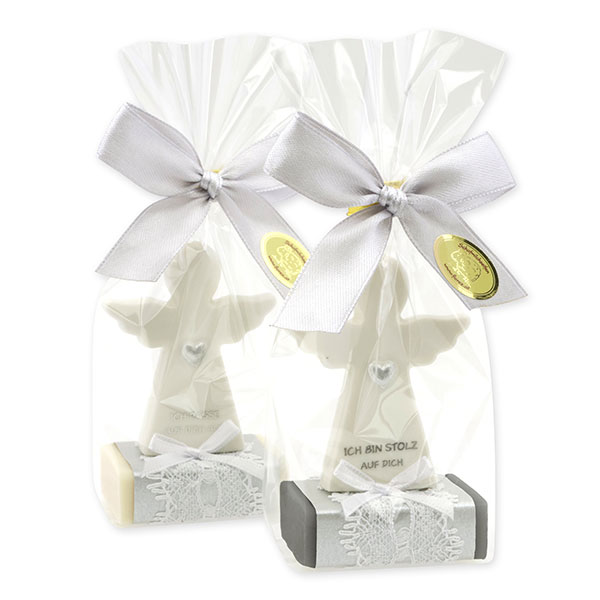 Sheep milk soap square 25g decorated with guardian angel with heart in a cellophane bag, Classic/Christmas rose 