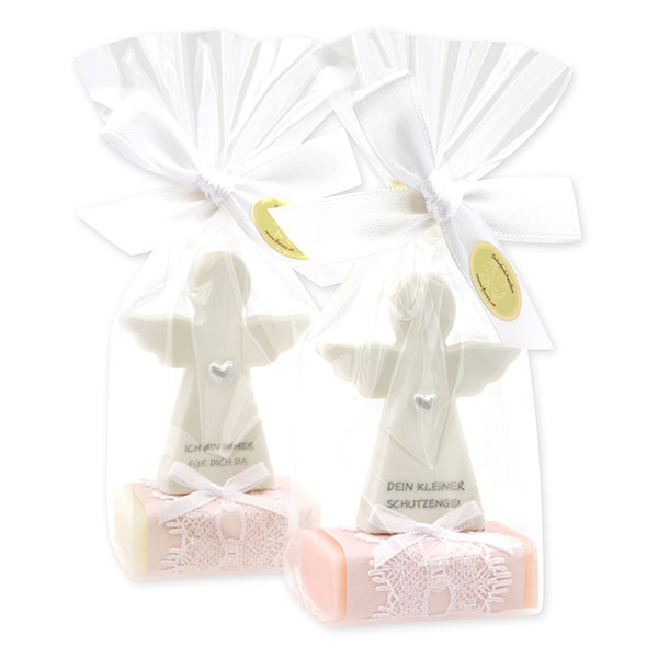 Sheep milk soap square 25g decorated with guardian angel with heart in a cellophane bag, Classic/Jasmine 