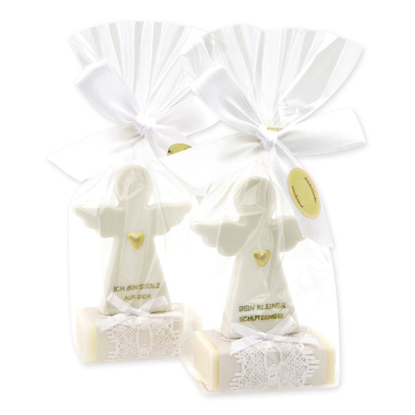 Sheep milk soap square 25g decorated with guardian angel with heart in a cellophane bag, Classic/Christmas rose white 
