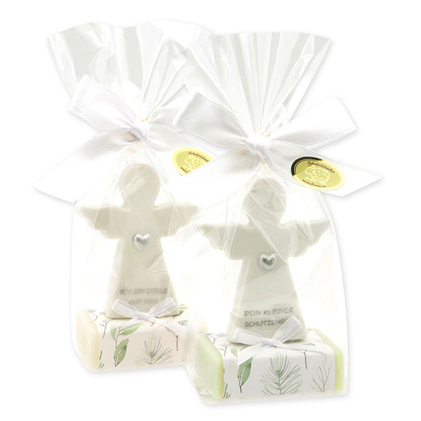 Sheep milk soap square 25g decorated with guardian angel with heart in a cellophane bag, Classic/Meadow flower 