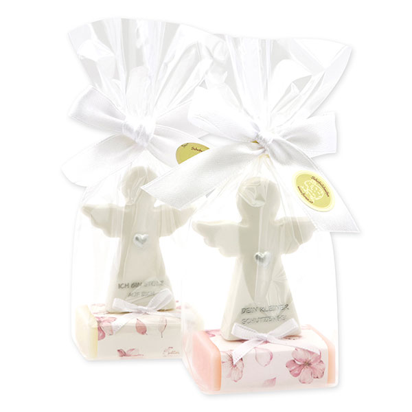 Sheep milk soap square 25g decorated with guardian angel with heart in a cellophane bag, Classic/Jasmine 