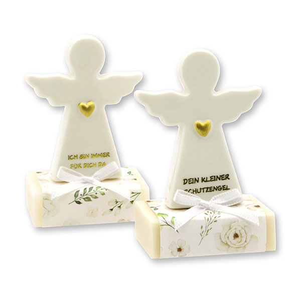 Sheep milk soap square 25g decorated with guardian angel with heart, Classic/Christmas rose white 